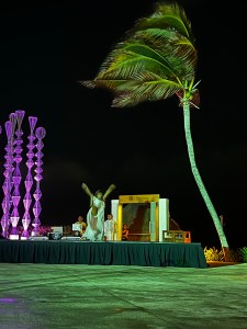 Raised stage that was on the side of a pool with a woman dancer. 