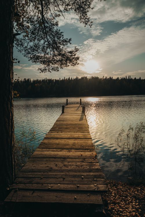 Wooden dock at sunset over water